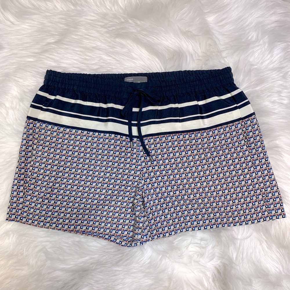 Vince 100% Silk Border Print Drawstring Shorts Coastal Blue - Size Small